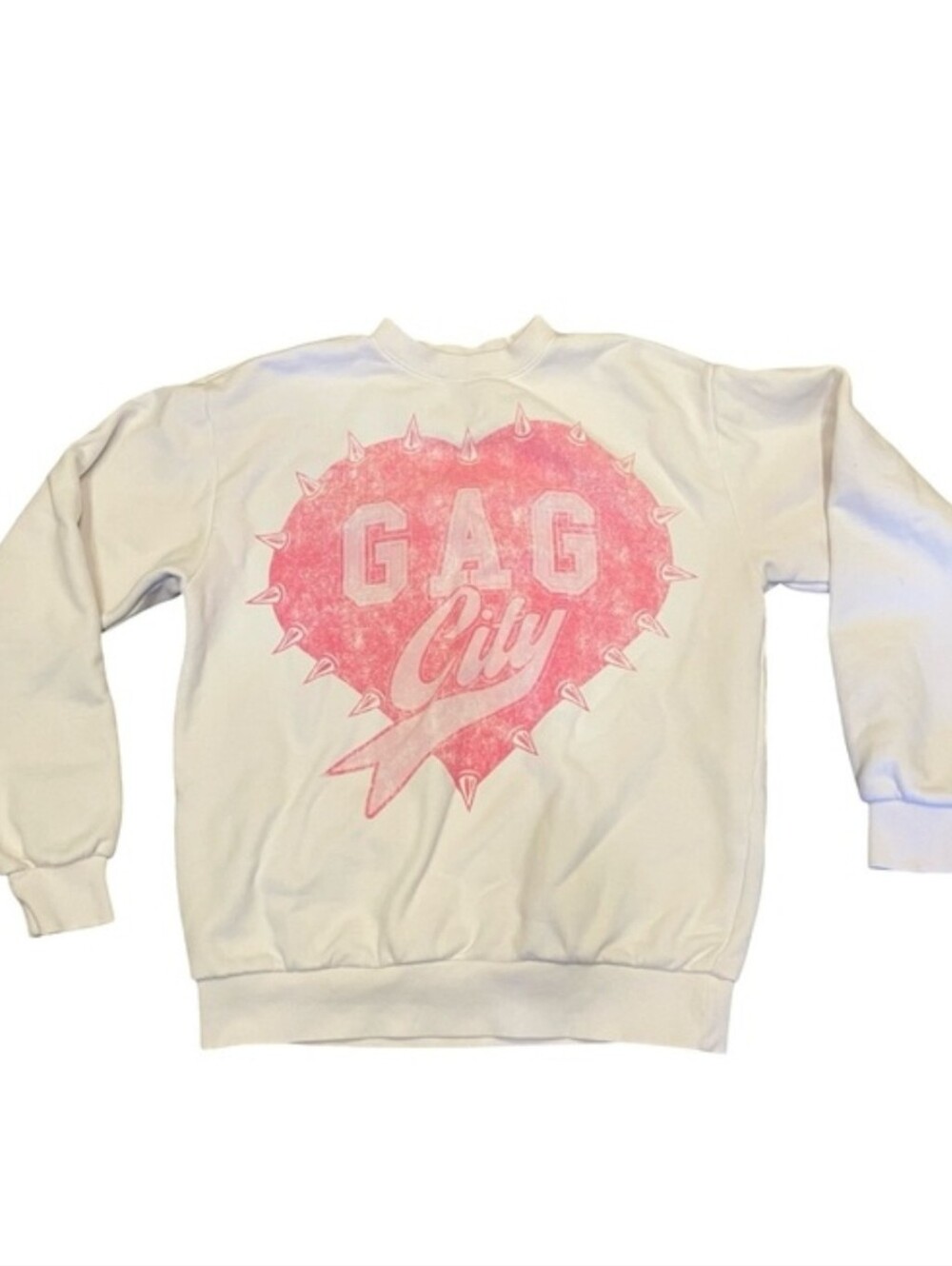 Gag City White Crewneck Sweatshirt - Pink Heart Graphic
